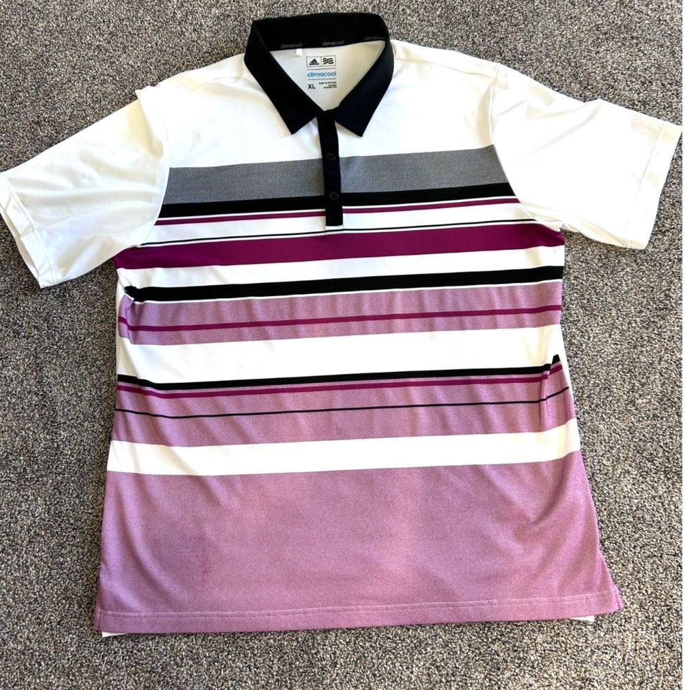 Adidas Mens Climacool XL White Black Burgundy Striped Golf Shirt Polyester New